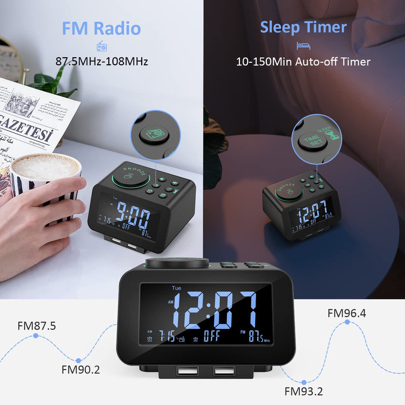 uscce Digital Dual Alarm Clock Radio - 0-100% Dimmer with Weekday/Weekend Mode, 6 Sounds Adjustable Volume, FM Radio w/Sleep Timer, Snooze, 2 USB Charging Ports, Thermometer, Battery Backup Black