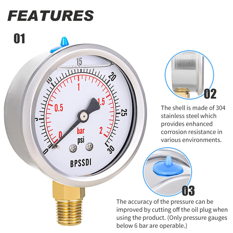 0-30 Psi Glycerin Liquid Filled Low Pressure Gauge, 2.5" Dial Size, 1/4" NPT Lower Mount, 304 Stainless Steel Case, for Water Pipe, HVAC, Water Oil Air Pressure Test 0-30psi（includes tape）