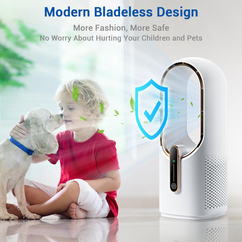 Bladeless Desk Fan, 11.8 Inch Small Rechargeable Fan, 30dB Quiet, 3 Speeds White/Gold, With Battery