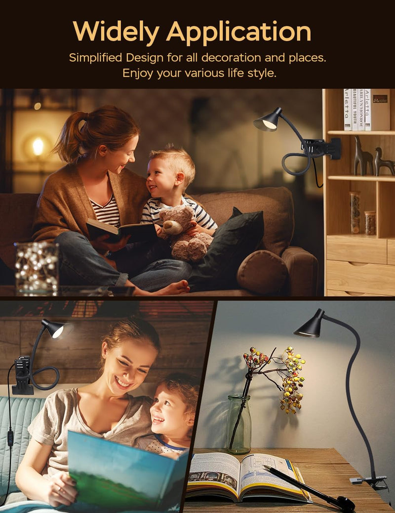 Clip on Light USB Reading Light 3 Color Modes 10 Brightness Levels Eye Care Clamp Light Flexible Gooseneck Dimmable Reading Lamp Clip on Lamp for Bed Headboard Desk Bedside Dorm (Black) Black