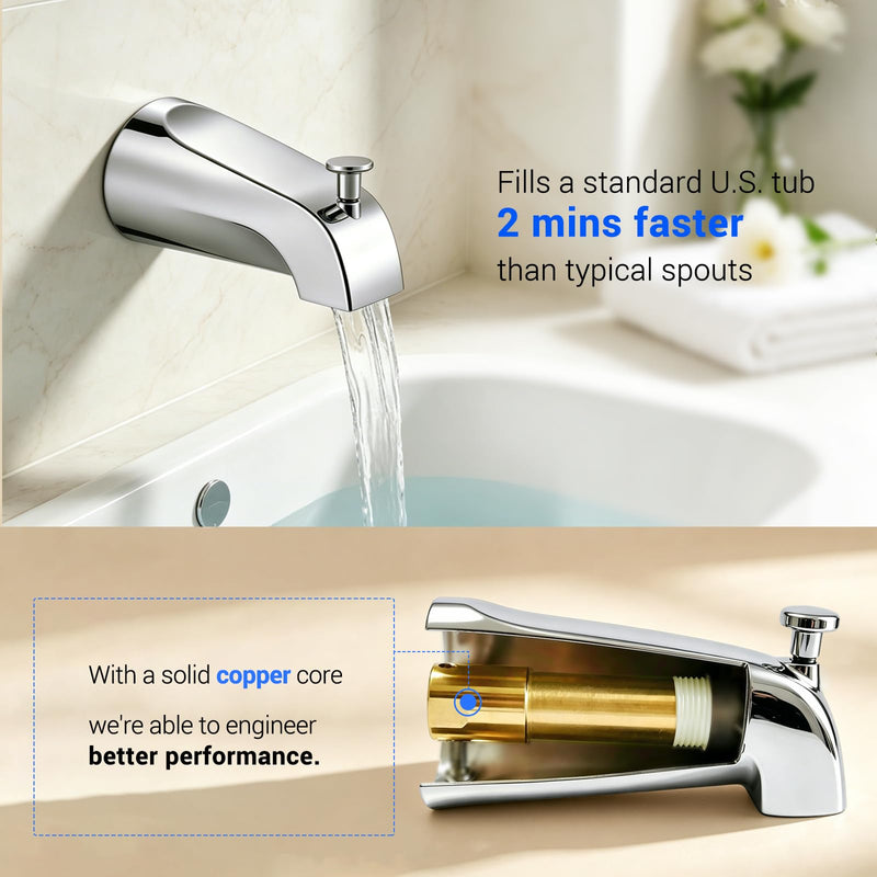 Tub Spout with Diverter, Heavy Duty All Metal Bathtub Faucet with Brass,Shower Slip-on Bathtub Faucet for 1/2 Inch Copper Pipe,5-3/8 Inch Bath Tub Faucet Replacement,Chrome Chrome