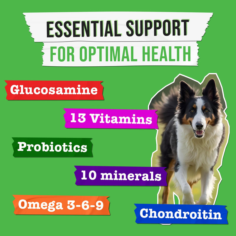 Dog Multivitamin Chewable Supplement - Vitamins + Glucosamine, Omega, Probiotics - Hip & Joint Support, Skin & Coat, Gut Health - Adult & Senior Treats Chicken 120 Ct - PawsPlanet Australia