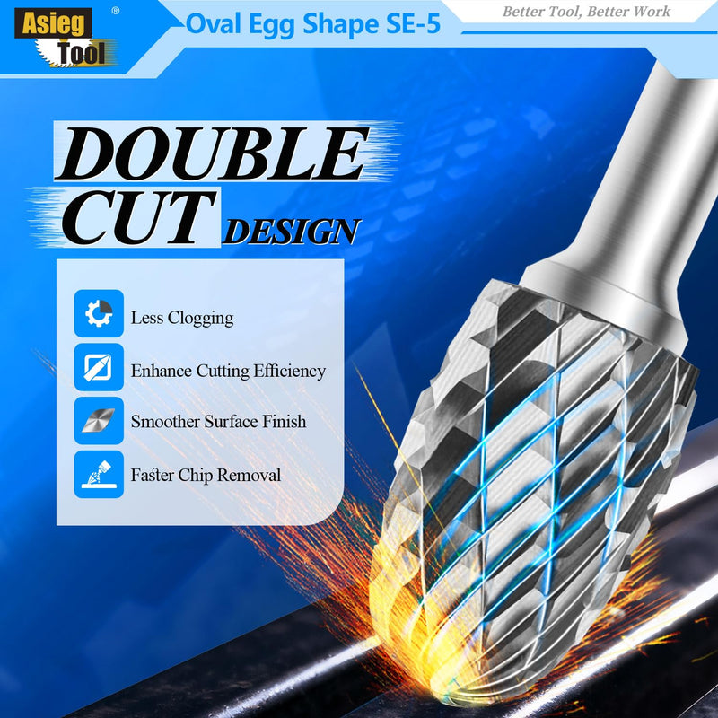 SE-5 Tungsten Carbide Burr Rotary File Oval Egg Shape Double Cut with 1/4''Shank for Die Grinder Drill Bit SE-5