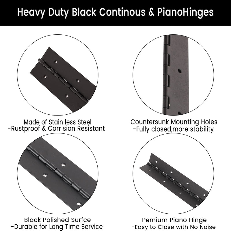 2PCS Black 6-Inch Heavy Duty Piano Hinge,2" Open Width Stainless Steel Continuous Hinges, Includes Pre-Drilled Holes and Screws, Ideal for Piano Cabinets ane Wooden Box. 6"-2PACK