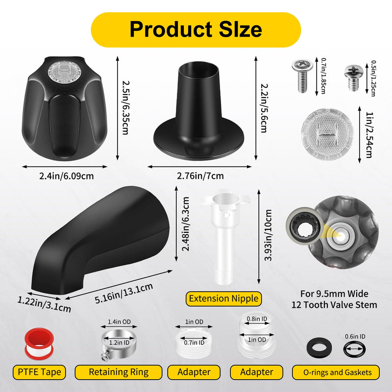 Tub Shower Trim Kit – 3 Piece Shower Knob (Included Flange Base) with 4-in-1 Tub Spout Adapter – Compatible with Pfister Verve & 3-Handle Bathtub Faucets – Fits 1/2" & 3/4" IPS Connections Shower Knob + Tub Spout + Base Matte Black