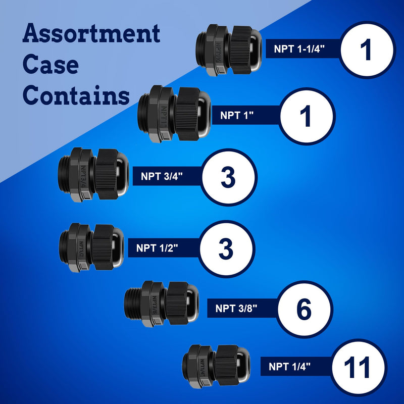 New Age America® 25pcs NPT Cable Glands Kit KableLock™ | 1/4" to 1-1/4" | Black | Nylon Cord Grip Strain Relief | Adjustable Locknut Cord Grip | IP68 Waterproof | NPT 1/4", 3/8" 1/2", 3/4", 1", 1-1/4" 25 PCS | 1/4" - 1-1/4"