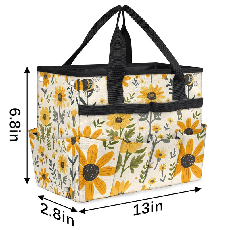 Bee Flower Garden Tool Bag for Women Waterproof & Reusable Heavy Duty Gardening Tote Storage Organizer Toiletry Bag with 10 Pockets for Garden Lawn Yard Casual Camp Bee Flower