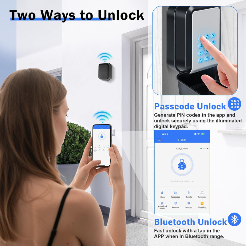 Smart Key Lock Box with Code – Bluetooth & PIN Unlock, APP Controlled Digital Lockbox for Keys, Generate eKeys and Remote Passcodes for Airbnb Landlords Families Realtors (Grey) Grey