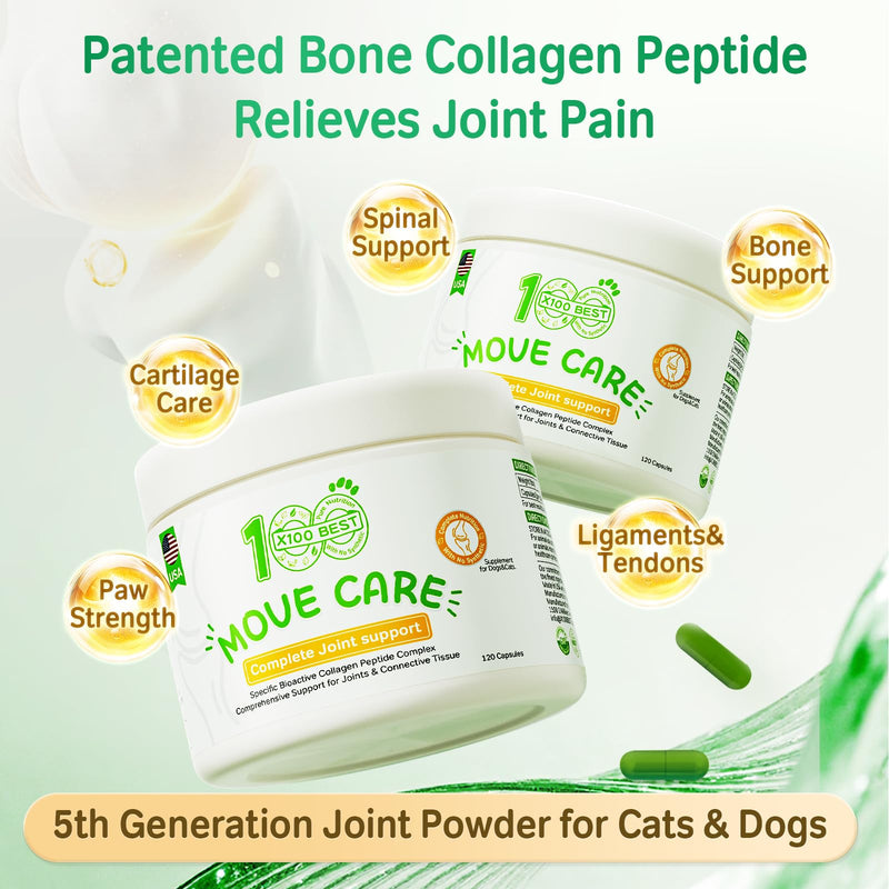 Hip & Joint Supplement for Dogs & Cats - Bioactive Collagen,Glucosamine, Chondroitin & NZ Green Lipped Mussel - 120 Capsules for Joint, Bone, Ligament, Paw & Spinal Health