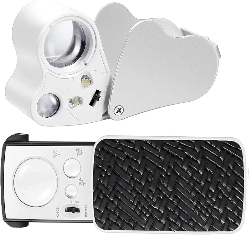 DREAME 30X 60X LED Light Illuminated Jewelers Eye Loupe Magnifier, Foldable Jewelry Magnifier for Gems Jewelry Rocks Stamps Coins Watches (White) Original