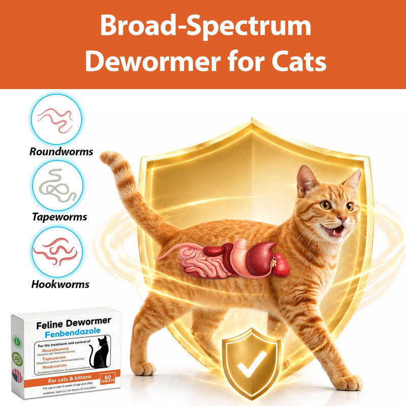 Fenbendazole Dewormer for Cat- Effective Treatment for Tapeworms, Roundworms & Hookworms,60 Count
