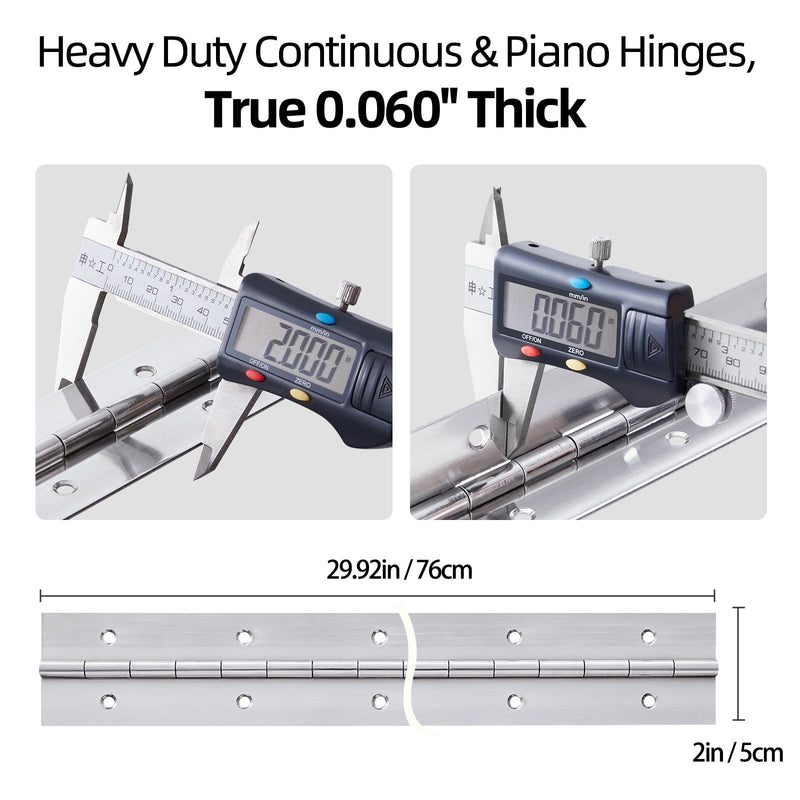 2 Pack Heavy Duty Piano Hinge 30 Inch x 2 Inch Stainless Steel Continuous & Piano Hinges with Holes, 30" Continuous Hinges for Cabinet, Door, DIY Wood Boxes, 0.060" Leaf Thickness, 2" Open Width