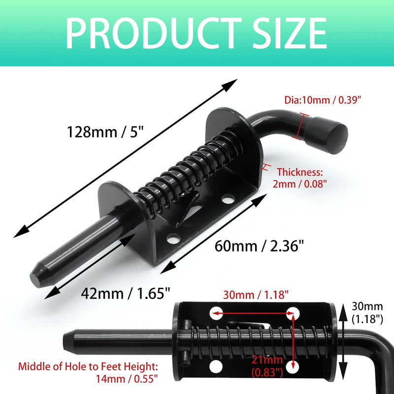 2pcs 5 Inch Spring Loaded Gate Latch Pin, Heavy Duty Barrel Bolt Spring Latch, Steel Door Lock Latch for Cabinet, Shed, Trailer, Equipment (Black) Black
