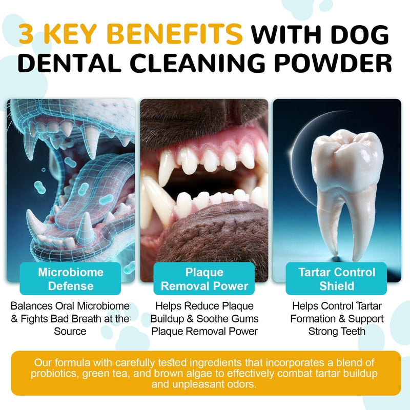 Dog Dental Powder - Teeth Cleaning Powder for Dogs Dental Care and Bad Breath Fresh, Plaque Reduce, Tartar Remover with Enzyme, Probiotics. PlaqueOff Pet Tooth Cleaning 120 Grams 60 Days Supply
