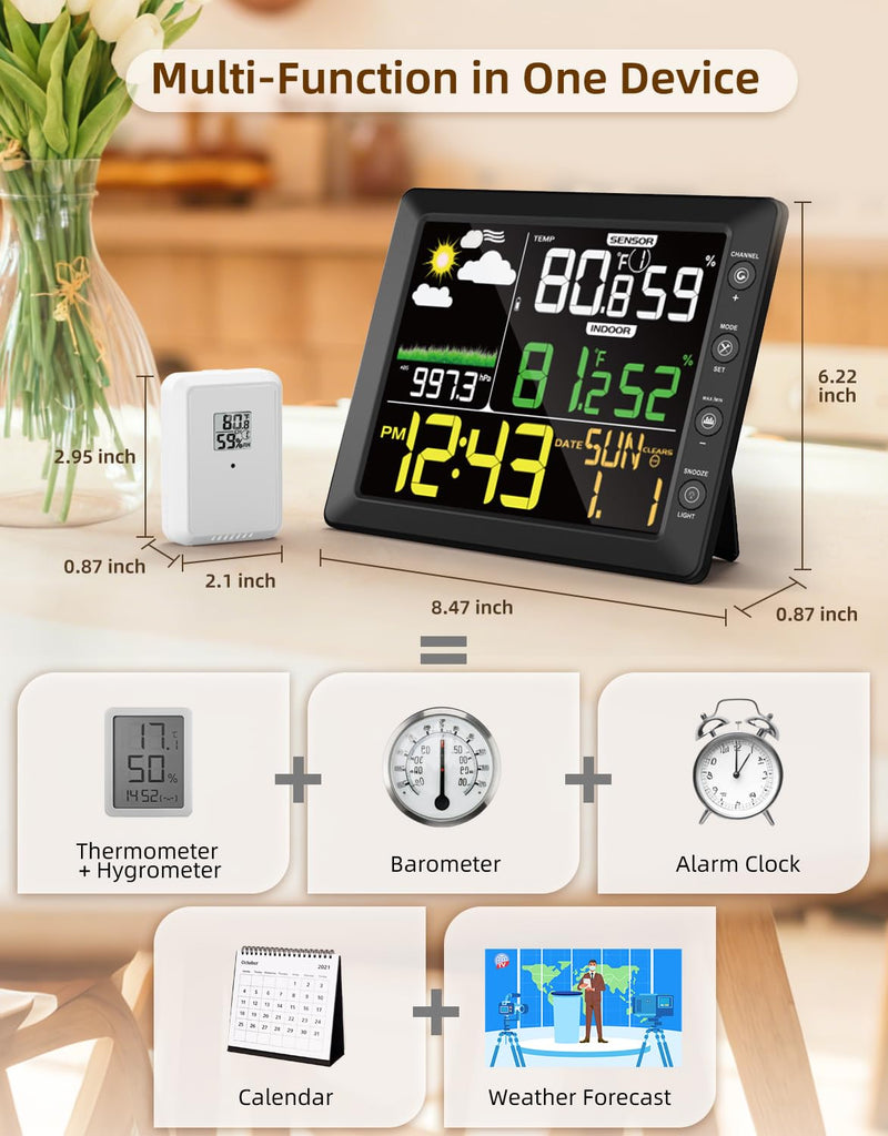 DOOMAY Indoor Outdoor Wireless Weather Station | Digital Thermometer Hygrometer Monitor with Barometric Pressure, Weather Forecast, Alarm Clock & Temp/Humidity Calibration