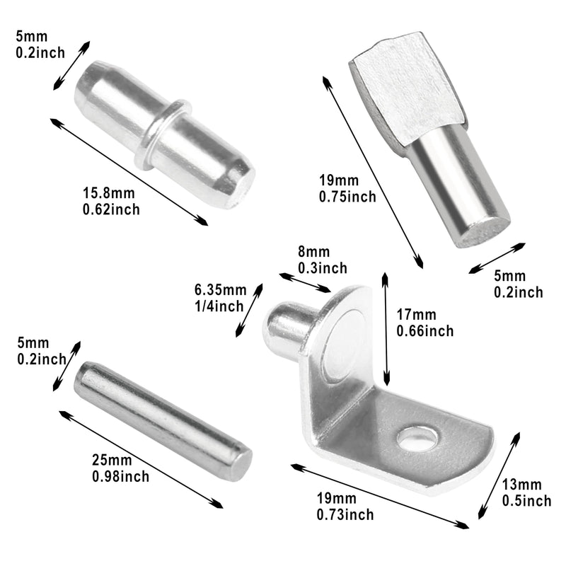 108 Pcs Shelf Pins Kit, Metal Nickel Plated Shelf Support Pin, Bookshelf Pegs Cabinet Shelf Bracket Pegs Shelf Pins Holders for Kitchen Furniture & Closet 4 Styles ( 5mm & 1/4inch ) 108Pcs Shelf Pins Kit