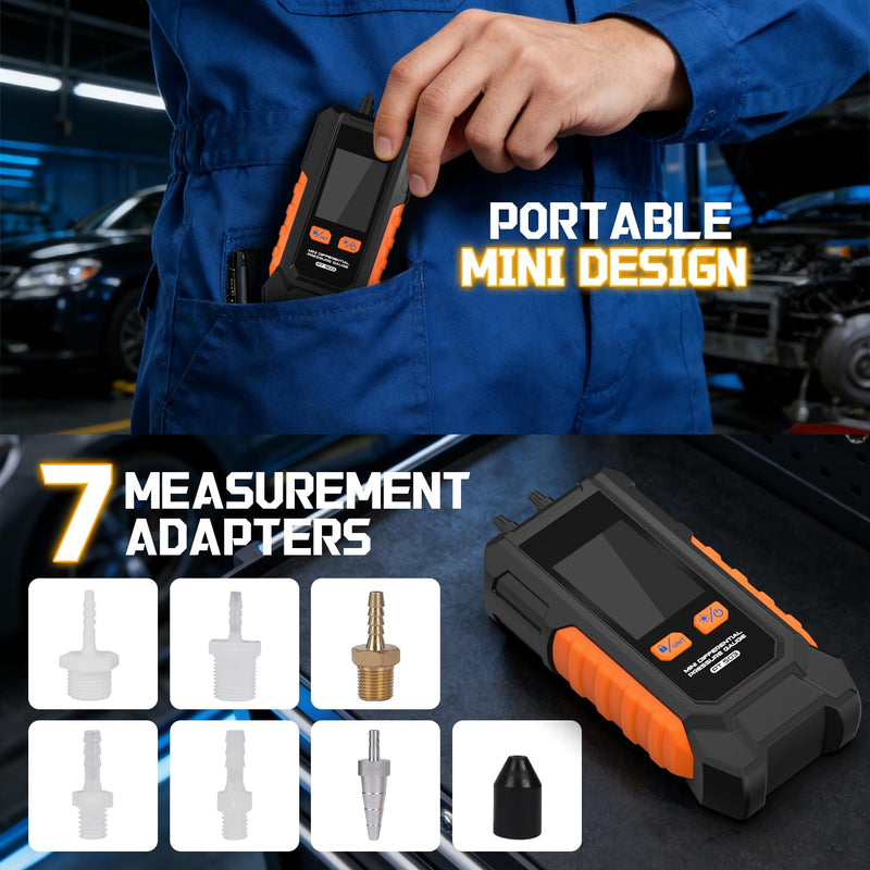 Manometer Gas Pressure Tester, Dual-Port HVAC Digital Differential Pressure Gauge with 6 Switchable Units, Large Backlit LCD, Data Hold Function, 7 Adapters, -101 to 200 kPa Range