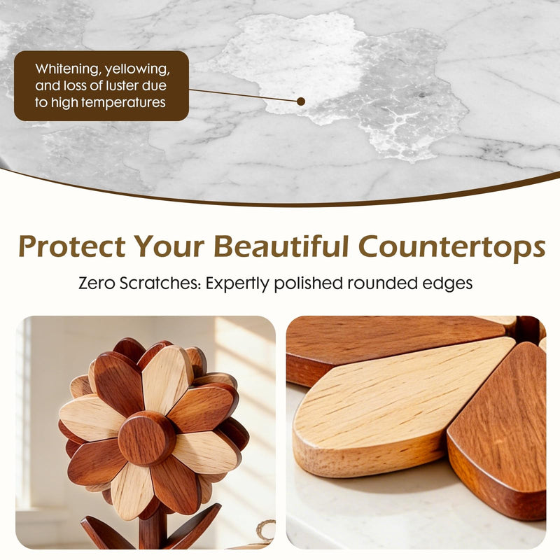Wooden Trivets for Hot Dishes - Set of 5, Foldable Sunflower-Shaped, Thick Hot Pads for Countertops, Ceramic Pots, Farmhouse Kitchen Decor, Housewarming Gifts (Walnut & Beech Wood) Walnut & Beech Wood