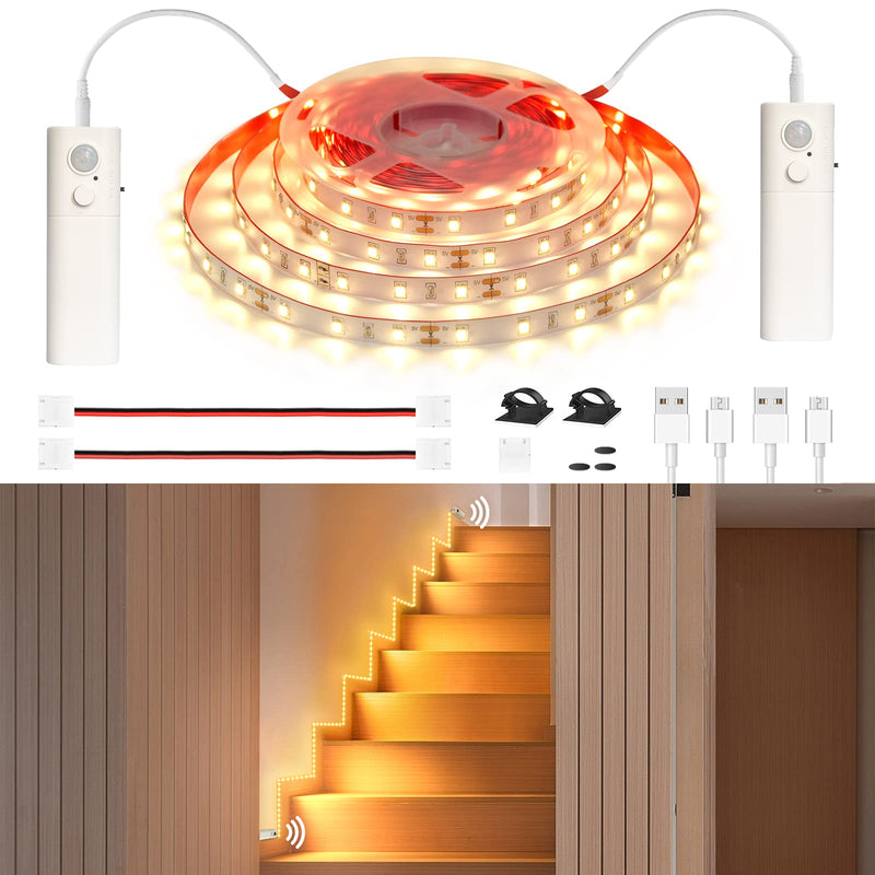WOBANE Dual Motion Sensor Under Bed Lights,Rechargeable 16.4ft LED Light Strip,Battery Powered Tape Light for Shelves,Cabinet,Anywhere,PIR Detector,Cuttable,Flexible,2700K Warm White White&Warm White(2700K)