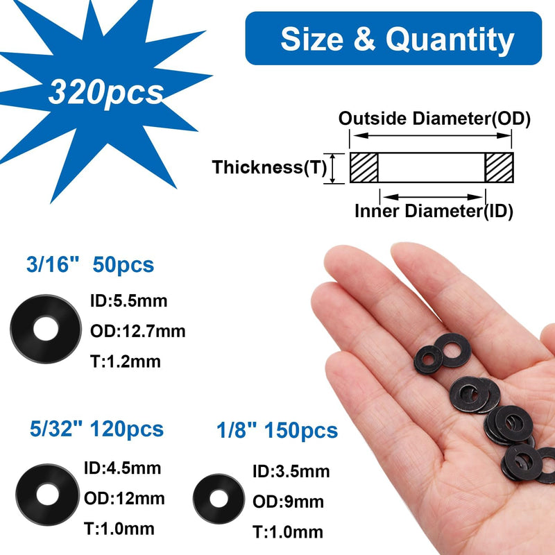320Pcs Black Pop Rivet washers Assortment kit for Pop Rivets Diameter 1/8inch,5/32inch,3/16inch 304 Stainless Steel pop Rivet Washer Aluminum pop Rivet washers Blind Rivet Washer 1/8+5/32+3/16inch