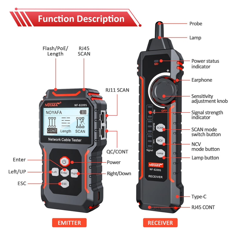 Network Cable Tester NF-8209S, Wire Tracer with PoE and NCV, Cable Length QC SCAN Cont Flash Tester, LAN/Ethernet Tester for CAT5, CAT6, Lithium Battery, LED Lighting NF8209S