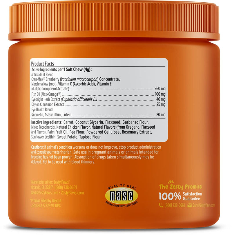 Zesty Paws Tear Stain Support Soft Chews for Dogs - for Eye Moisture + Vision & Immune Support - Functional Supplements with Fish Oil, Lutein, Cranberry & Vitamin C - Chicken Flavor 90 Count - PawsPlanet Australia