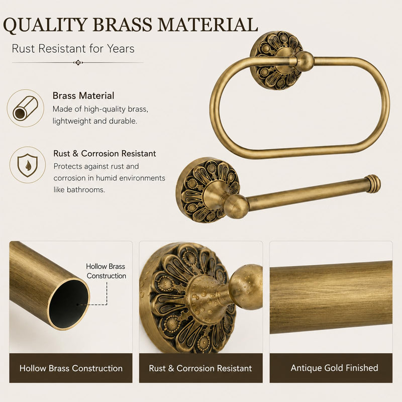 Antique Brass Toilet Paper Holder & Hand Towel Ring Set | Wall Mounted Oval Towel Ring with 180° Swivel & Concealed Screws, 2 Piece Rustproof Vintage Gold Brushed Bathroom Hardware