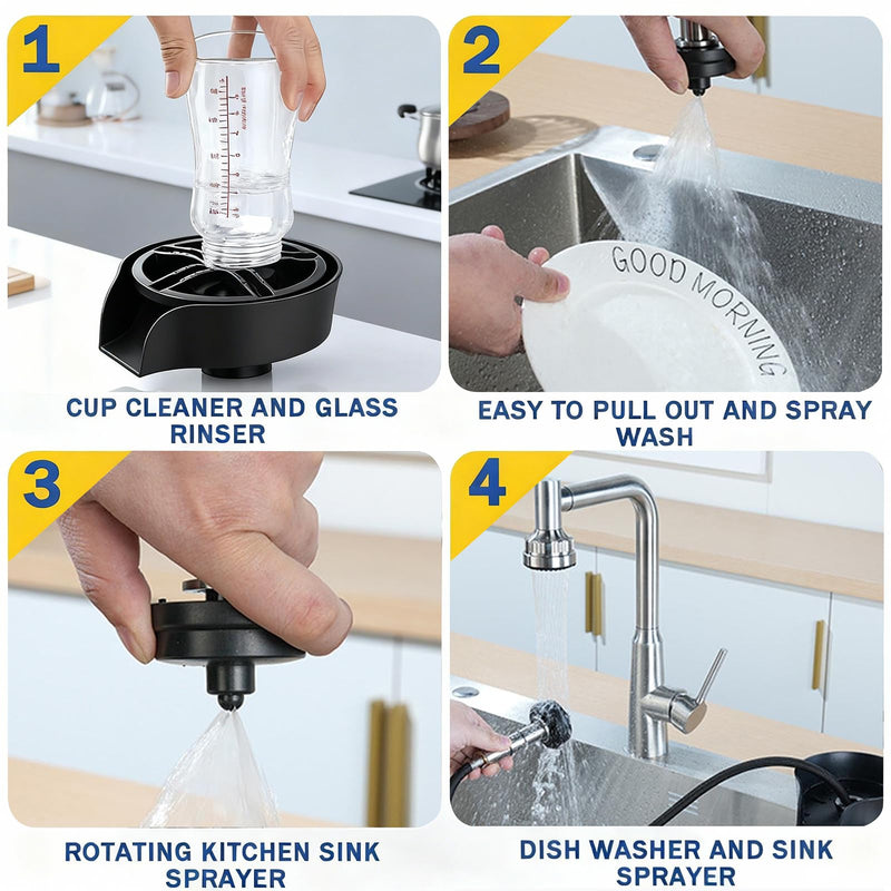SOONHUA Kitchen Sink Glass Rinser, Pull-Out Spray Head Cup and Bottle Cleaner with Universal Quick Adapters for Fast Rinsing Wine Glasses, Mugs & Jars, Heavy-Duty Chrome Finish