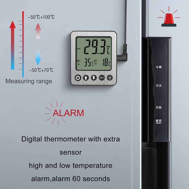 2 pcs Refrigerator Thermometer Freezer Alarm Digital Freezer Thermometer Fridge Thermometer with Extra Sensor high and Low Temperature Alarm (2, Black, ZZ10) small 2