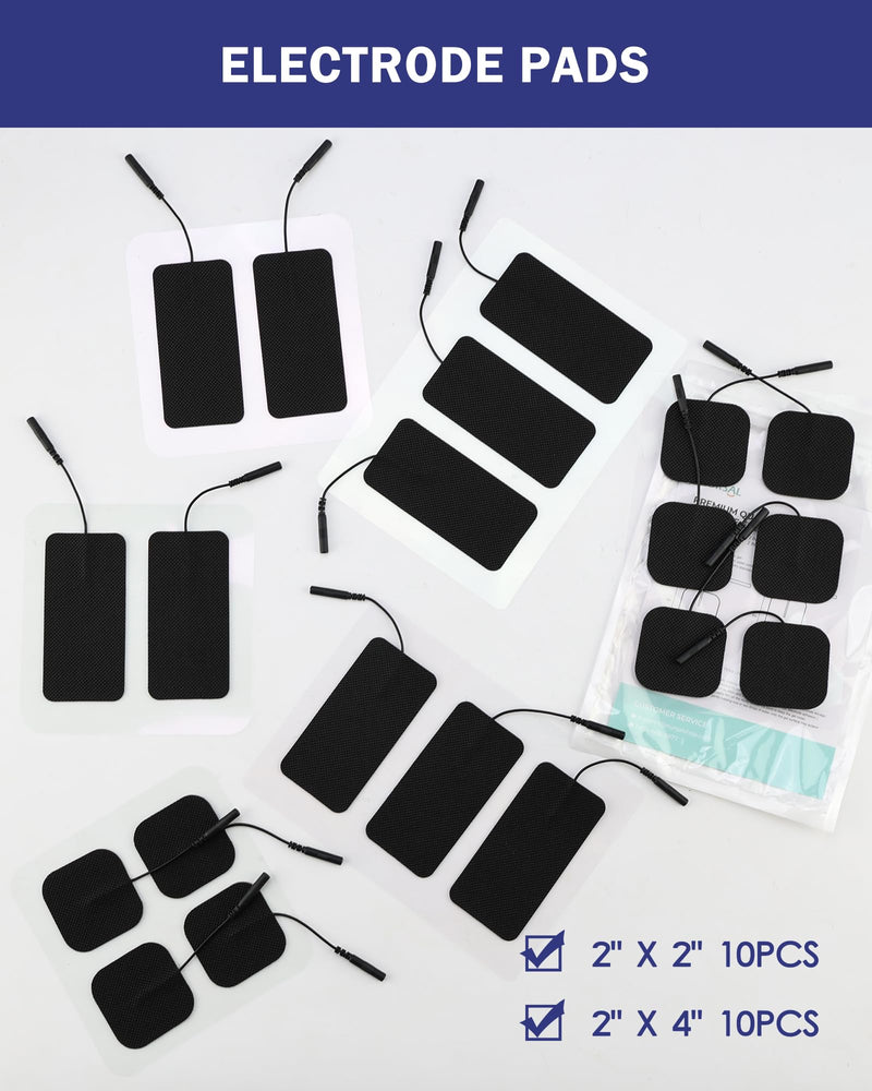 TENS Unit Replacement Pads, Nursal Reusable Self-Adhesive Electrodes Pads 20 Packs 2x2” 2x4”, Latex Free Pigtail TENS Pads, Compatible with TENS 7000, AUVON TENS, Etekcity, Nicwell Care Tens