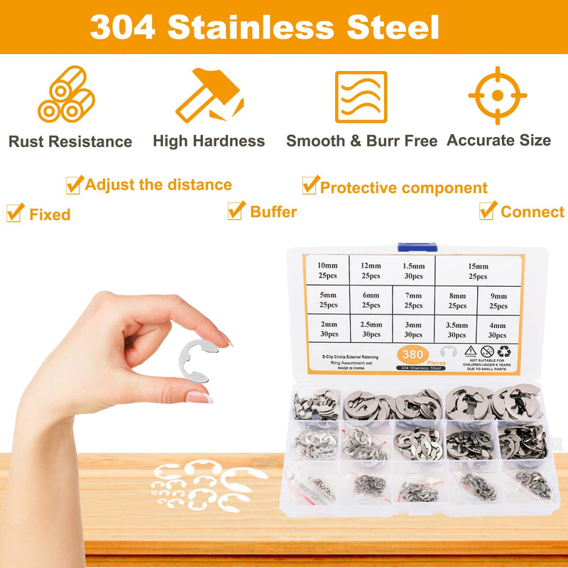 Toolly 380Pcs 304 Stainless Steel E-Clip Circlip External Retaining Ring Assortment Set, 14 Sizes