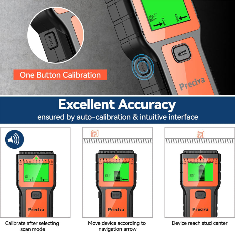 Stud Finder, Preciva Wall Scanner-8 in 1 Multifunctional Wall Detector with 6 Modes & 2 Functions for Studs, Wood, Metal, and AC Wires Detection (9V Battery Included) Orange