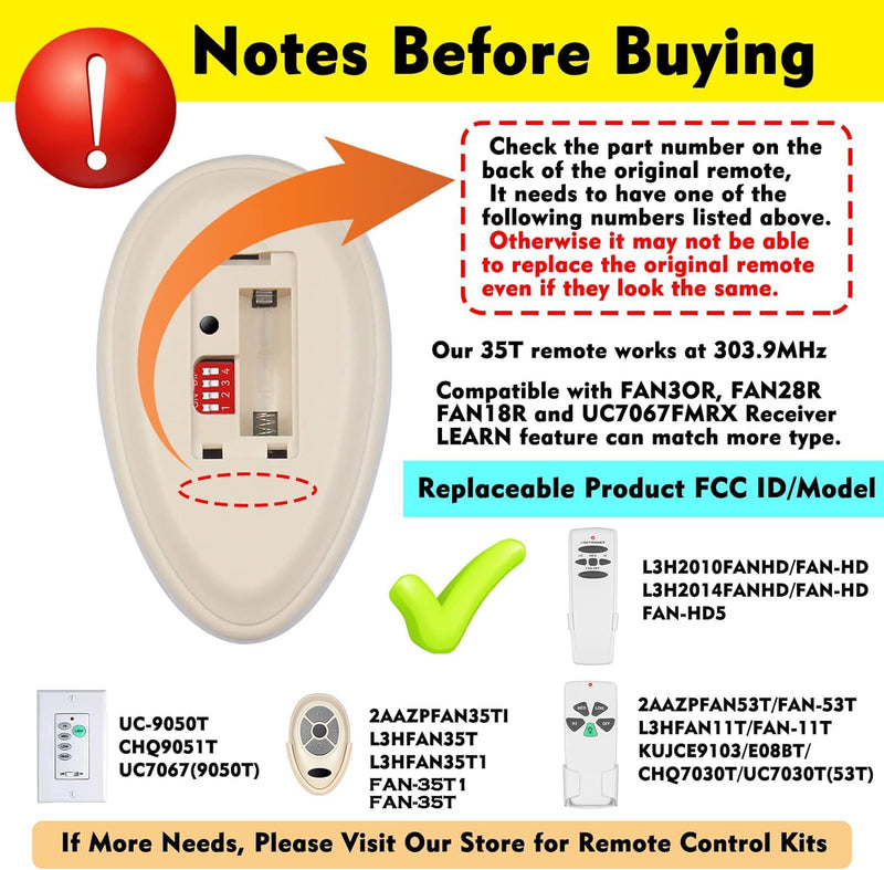 35T1 Ceiling Fan Remote Control Replacement for Harbor Breeze Allen Roth, 303.9MHz, 3-Speed, Light Dimmer, Learn Key, Replace FAN-11T FAN-53T FAN-HD L3HFAN35T FAN-35T L3HFAN35T1 FAN-35T1 (Remote Only) 35T Remote