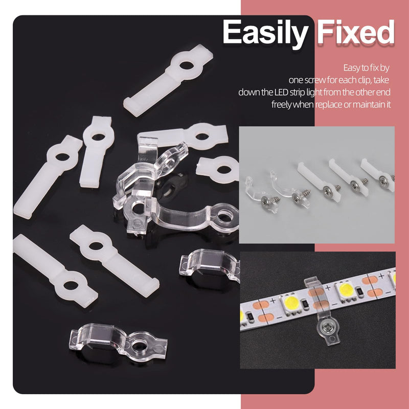 Hilitchi 400Pcs Strip Light Mounting Bracket Strip Light Holder Clip One-Side Fixing Clip with 200 Screws 8MM 10MM 12MM LED Strip Mounting Bracket for Waterproof Strip Lights (White Transparent Color)