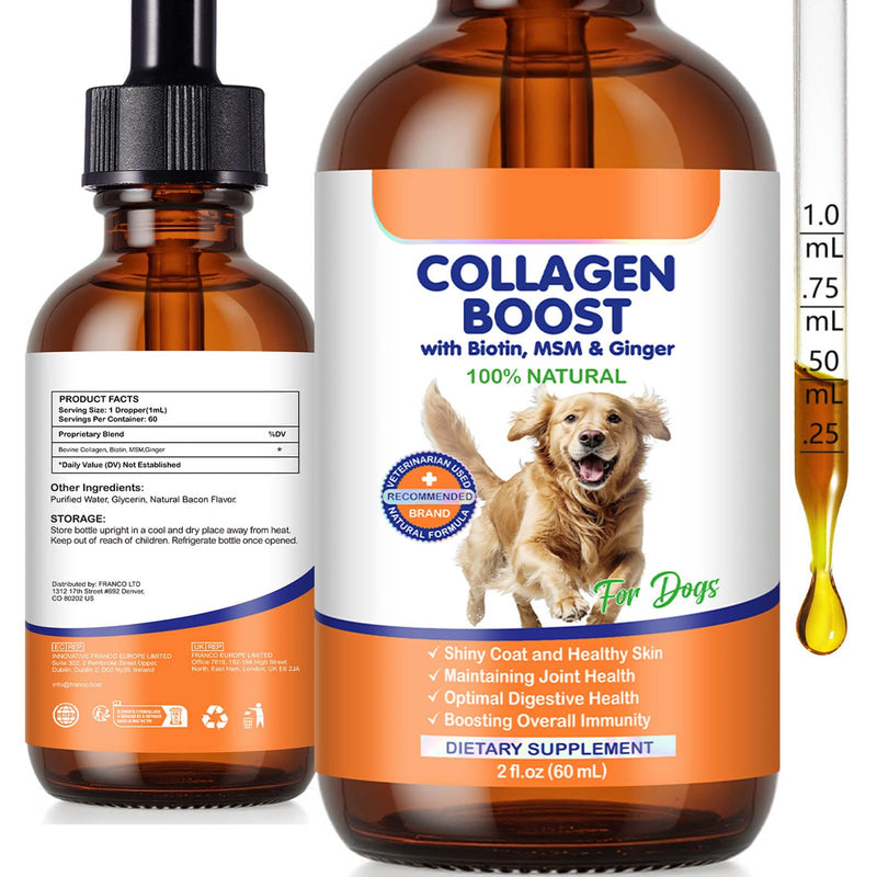 Liquid Collagen for Dogs, Dog Joint Supplements, Skin and Coat Supplement, Dry and Itchy Skin Relief, Support Digestive Health, Dog Collagen Drops with Biotin, MSM, Ginger, Bacon Flavor