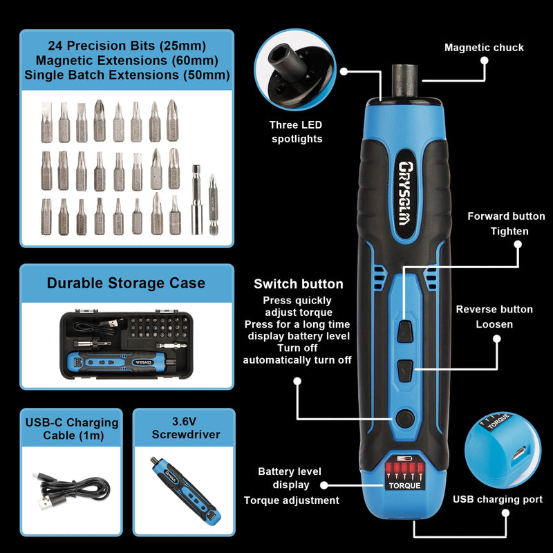 3.6V Cordless Screwdriver Set, Electric Screwdriver with 24 in 1 Magnetic Bits, 3-10 N.m Torque for Electrician Tools & DIY,300RPM (Sky Blue)