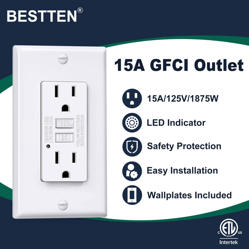 BESTTEN GFCI Outlet 15 Amp, GFI Receptacle Outlet with LED Indicator, Ground Fault Circuit Interrupter, Non-Tamper-Resistant, Wallplate Included, ETL Certified, 10 Pack, White 15A Indoor