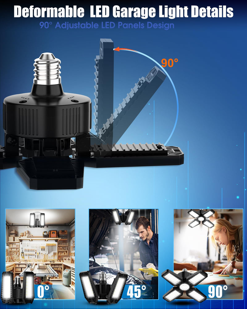 Garage Light 2 Pack - 120W 12000LM 6500K LED Garage Lights, Screw in Garage Lights Ceiling Led with 4+1 Deformable Panels, Lighting for Garage, Workshop, Barn, Basement Storage Room