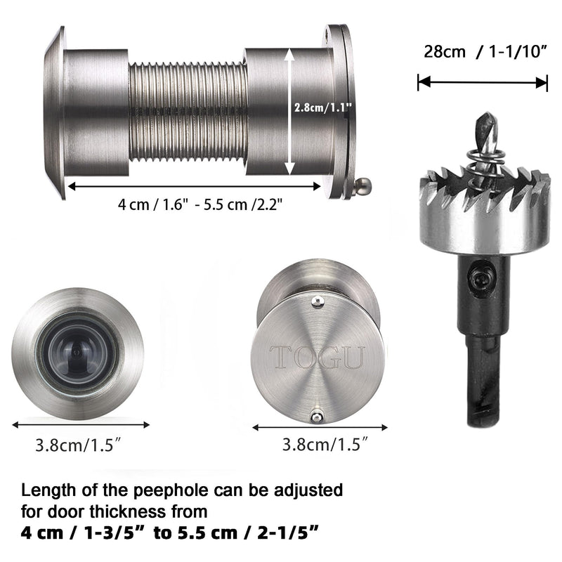 TOGU 3828 Brass Extra Larger peep Holes for Door with 1-1/10“ Drill Bit, 220-degree Door viewer Peephole with Privacy Cover, Fitting Door Thick from 1-3/5" to 2-1/5", Satin Nickel Finish