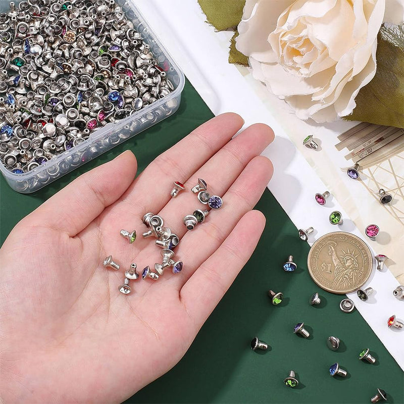 NBEADS 200 Sets Rhinestone Rivets, Brass Crystal Rivets Studs with Pieces Setting Tool Kit Colorful Rivets for Leather Craft DIY Making