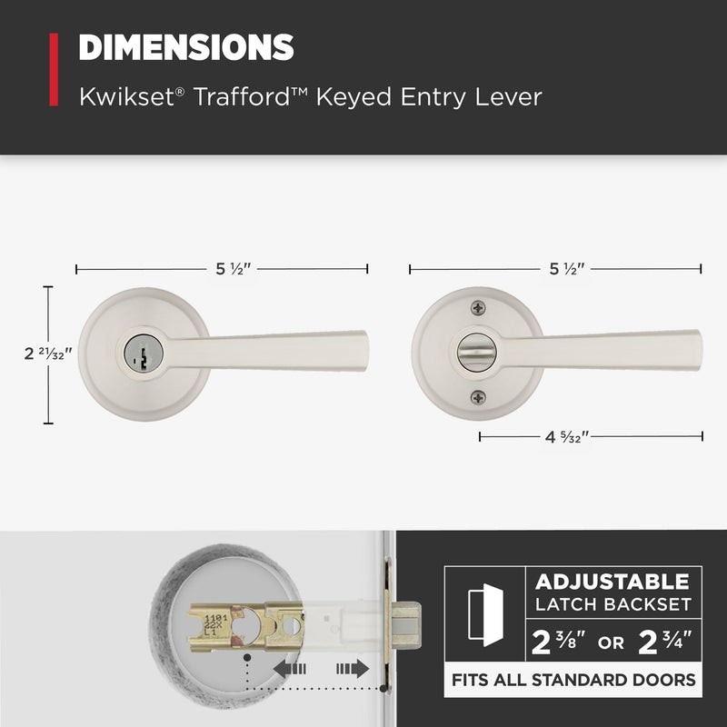 Kwikset Trafford Entry Door Handle with Lock and Key, Secure Keyed Reversible Lever Exterior, for Front Entrance and Bedrooms, Satin Nickel, Pick Resistant Smartkey Rekey Security and Microban Keyed Entry