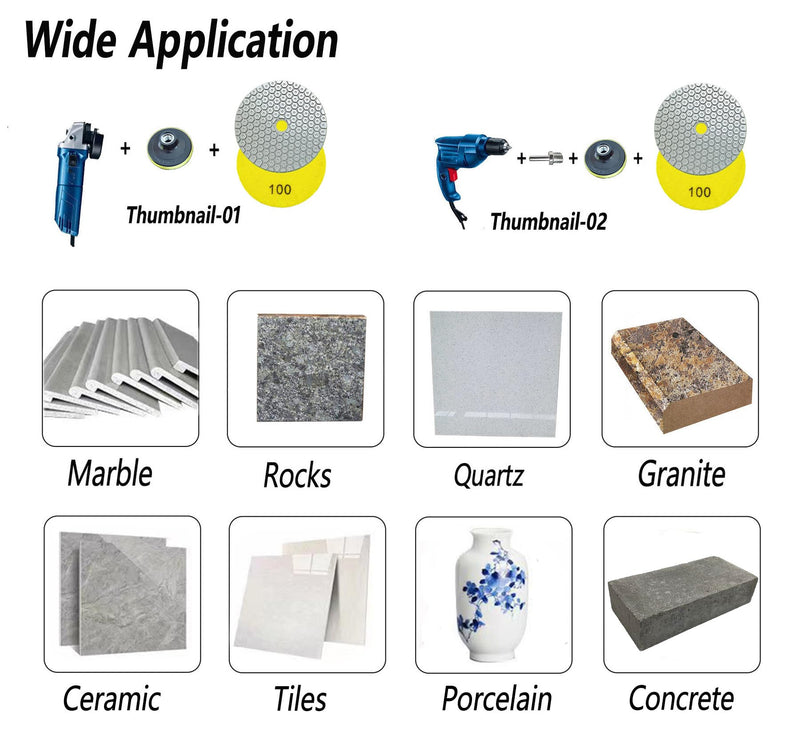 4 Inch New Model Dry Diamond Polishing Pads Grit 100, 1 Box of 6 Piece Dry/Wet Marble Buffing Pad for Granite Quartz Concrete Stones(Need Water for Hard Tile) 4 Inch Yellow,100