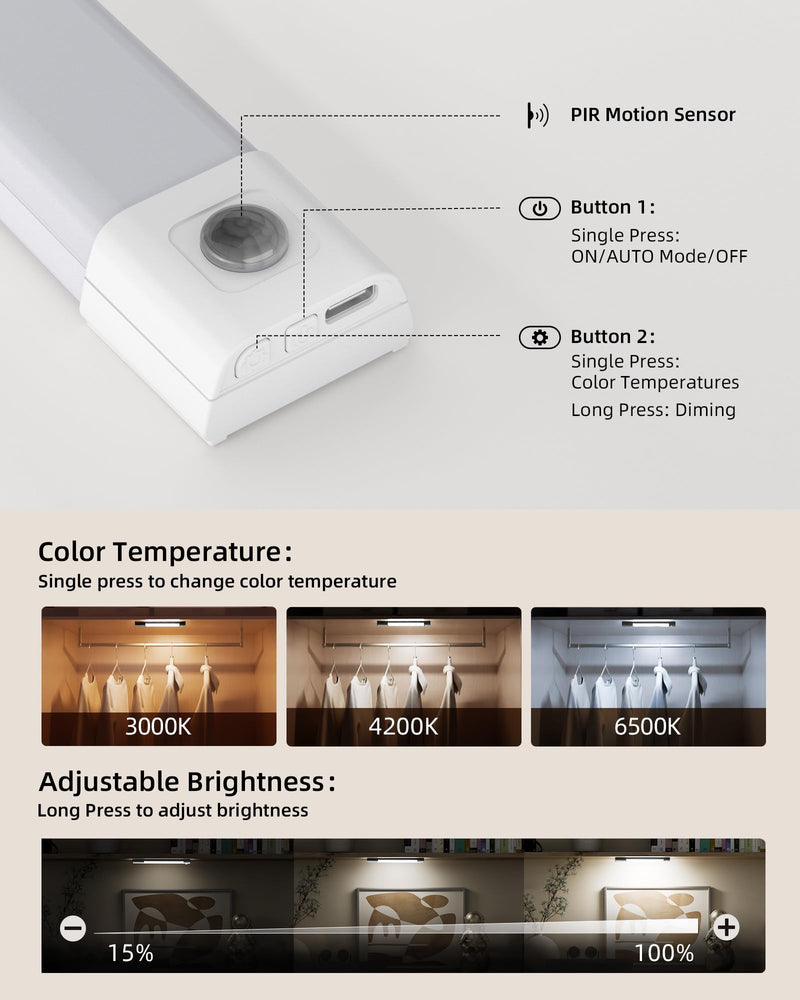 EZVALO Closet Lights, 30 LED Rechargeable Under Cabinet Lighting Wireless, 3 Color Temps Under Cabinet Lights, Dimmer Motion Sensor Light Indoor for Pantry, Kitchen, Bedroom, Woadrobe (3 Pcs) White 8inch-3Pack