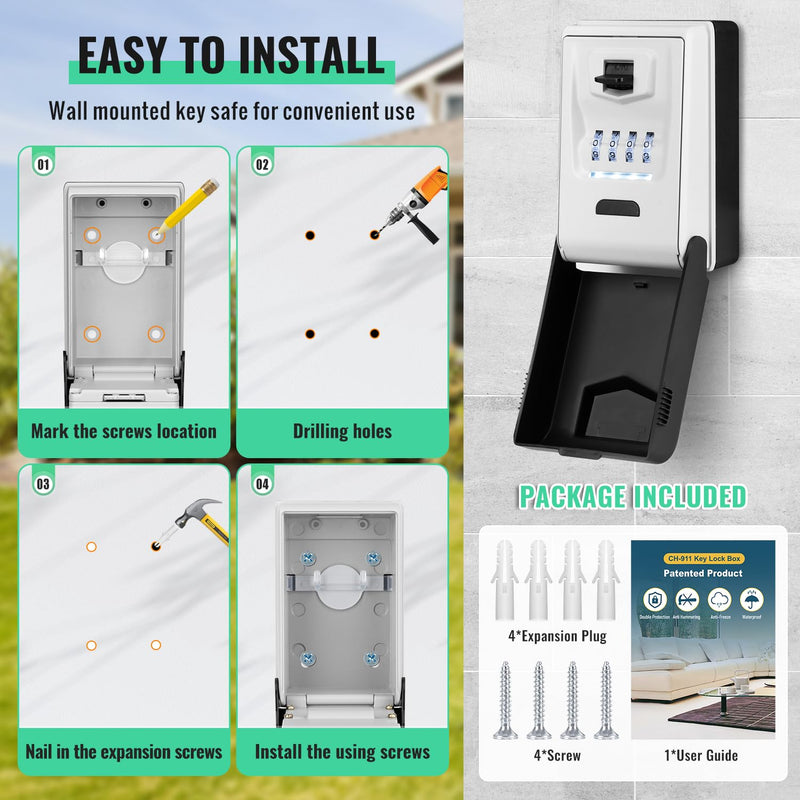 Key Lock Box for Outside with Light Up Dials - Sturdy Waterproof Combination Key Holder Wall Mount Key Storage Box for House Keys - Resettable Code Safe Security Outdoor Key Hiders Large Capacity