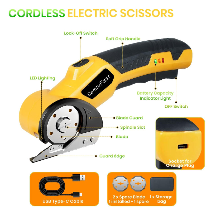Cordless Electric Scissors, 4V Rechargeable Box Cutter Electric with Storage Box, 2 Blades, USB Charging Cable, Cardboard Cutter Electric for Cardboard Plastic Fabric Leather Carpet (Yellow) Yellow