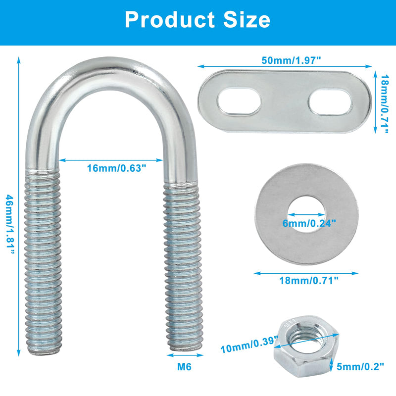 BokWin 4 Pcs Round U Bolts M6 Bend U Bolts in Zinc Plated Steel U Clamp with Nut, Plate, Washer(16mm Inner Width 46mm Length) M6*16mm*46mm