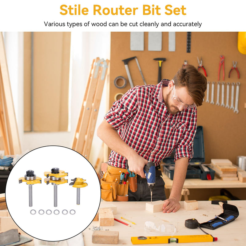 3PCS Router Bit Set, Tongue and Groove Router Bit Set 3 Teeth T Shape 1/4 Shank Lock Miter Adjustable T-Shape Wood Milling Cutter for Cabinets, Flooring, and Woodworking