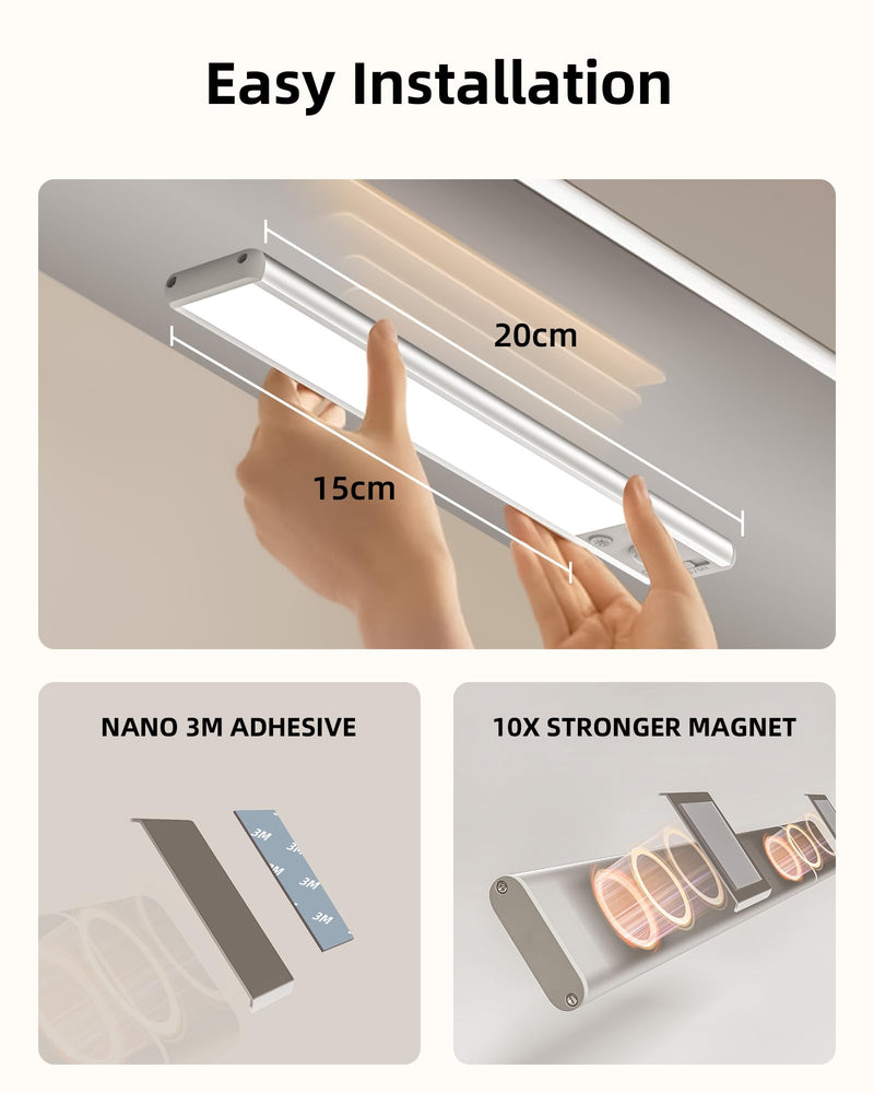 EZVALO Under Cabinet Lighting Wireless, 3 Color Temps Motion Sensor Light Indoor, 62 LED Rechargeable Battery Operated Closet Lights, Dimmable Magnetic Under Counter Lights for Kitchen, Stairs(2 Pack) 2Pack-8inch White