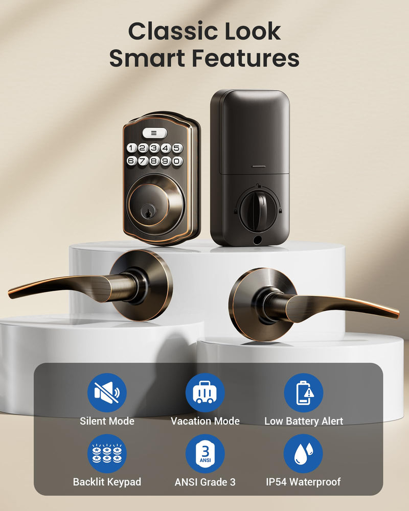 Veise Keyless Entry Door Lock with 2 Lever Handles - Electronic Keypad Deadbolt, Easy Installation Digital Smart Front Door Lock Set, Oil Rubbed Bronze Door Lever