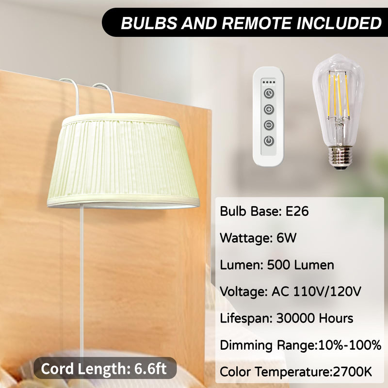 Bed Reading Light, Headboard Light Reading Lights for Books in Bed with Adjustable Hook, Eye Caring Soft Fabric Shade Bedtime Reading Lamp Plug in